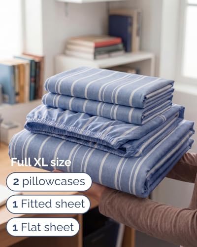 Full XL Sheets - 4 Piece Full XL Sheet Set - Soft & Cooling - Blue Stripes - Image 3