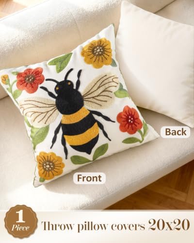 Animal Embroidered Throw Pillow Cover 20x20 Inch, Bee Floral - Image 4