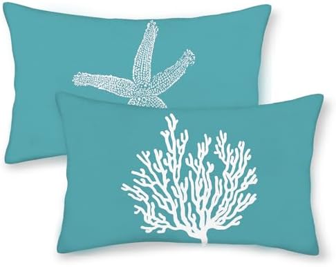 Coastal Pillow Covers 12x20 Set of 2 Aqua Teal Turquoise Coral Starfish Throw by GOLIANDA