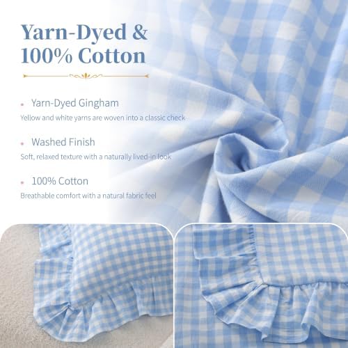 Gingham Throw Pillow Covers 20x20, Sky Blue Plaid, Ruffle Trim - Image 3