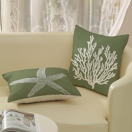 Coastal Pillow Covers 18x18 Set of 2 Sage Green Coral Starfish Throw Pillows - Image 4
