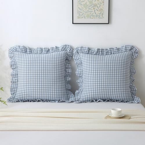 Gingham Throw Pillow Covers 24x24, Dusty Blue, Ruffle Trim, 2 Pack - Image 7
