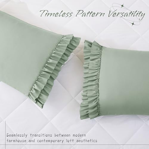 Vonty Sage Green Ruffled Pillow Cases Set of 2, Standard Size, 20x26 Inch - Image 2
