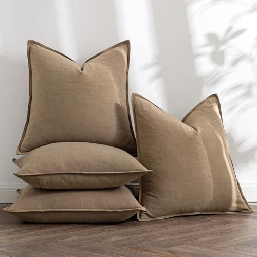 MIULEE Khaki Boho Linen Decorative Pillow Covers 20x20 Inch Pack of 4 - Image 5