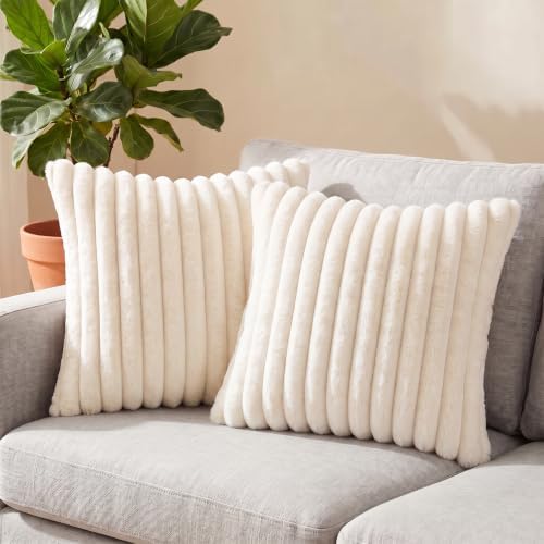 Set of 2 Decorative Throw Pillow Covers 18x18, Faux Fur Cream White - Image 6