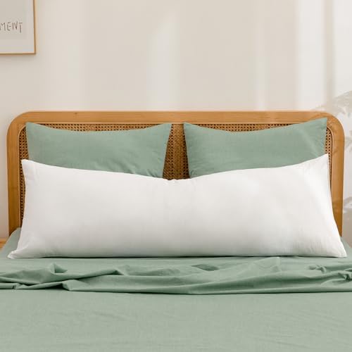 BESTOUCH Washed Cotton Pillowcases Linen Feel Green Euro - Image 3