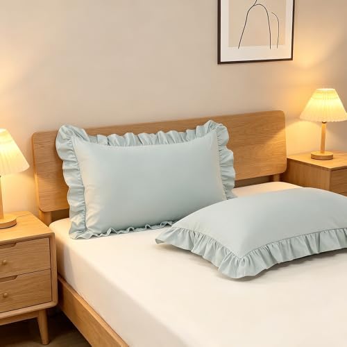 Ruffle Pillow Case King Size Set of 2, Light Blue - Image 4