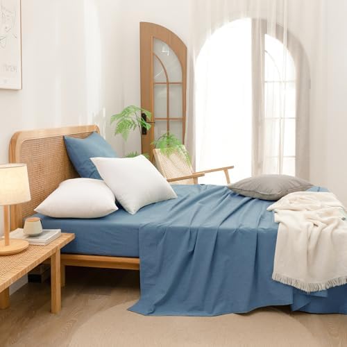 BESTOUCH Washed Cotton Pillowcases Linen Feel Dark Blue Euro - Image 5