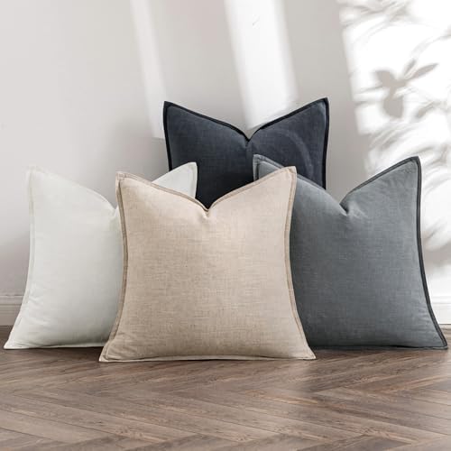 MIULEE Neutral Cream/Gray Boho Linen Pillow Covers 18x18 Inch Pack of 4 by MIULEE