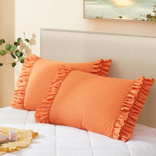 Vonty Burnt Orange Ruffled Pillow Cases Set of 2, Body Size, 20x54 Inch - Image 7