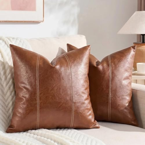 Fancy Homi Brown Boho Long Square Faux Leather Decorative Throw Pillow Covers - Image 2