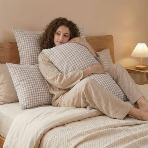 Merryword 100% Cotton Pillow Cases, King Size, Taupe Gingham Pillowcases - Image 6