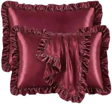 Set of 2 Ruffle Satin Queen Pillow Cases 20x30 inch Burgundy by QJFabricCO