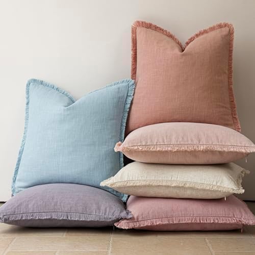 Foindtower Decorative Linen Fringe Throw Pillow Covers 22×22 Coral Pink - Image 6