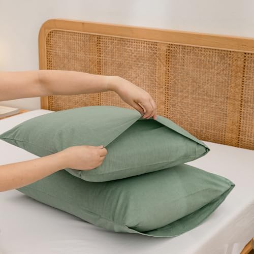 BESTOUCH Washed Cotton Pillowcases Linen Feel Green Queen - Image 3