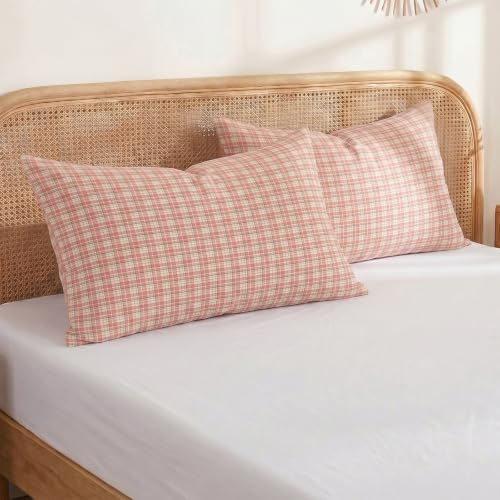 Merryword 100% Cotton Pillow Cases, Queen Size, Washed Cotton Pastel Pink Plaid - Image 3