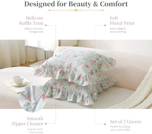 Floral Throw Pillow Covers 20x20, Mint Green, Ruffle Trim, 2 Pack - Image 4