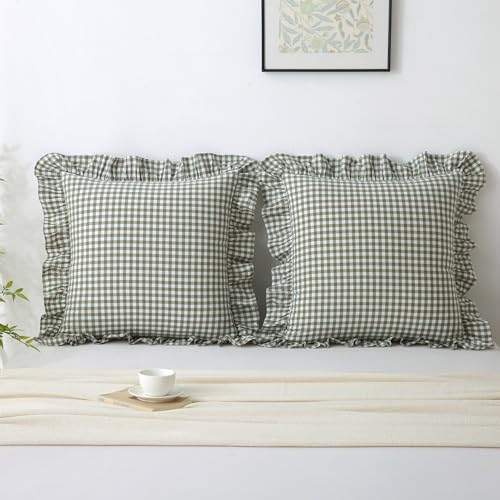 Gingham Ruffled Throw Pillow Covers 24x24 Inch Sage Green 2 Pack - Image 7