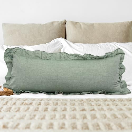 JoraLion Ruffled Lumbar Pillow Cover 14x36 Solid Green - Image 2