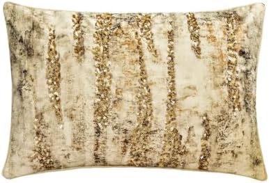 The HomeCentric Decorative Gold 12"x26" Lumbar Pillow Cover, Linen Beaded by TheHomeCentric