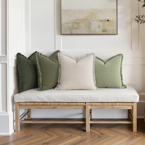 MIULEE Fall Linen Fringe Pillow Covers Set of 4 22x22 Beige/Sage Green - Image 2