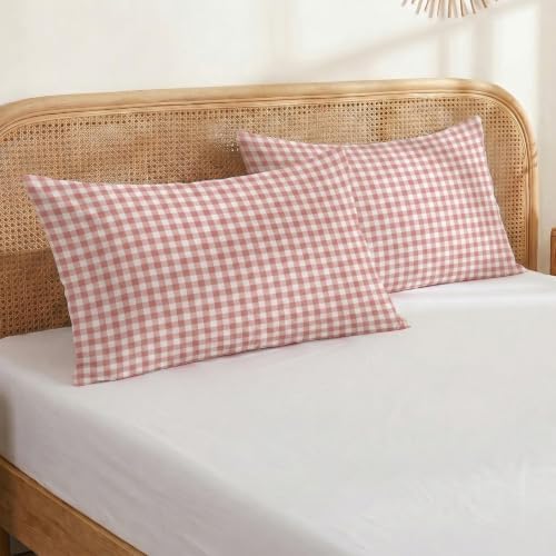 Merryword 100% Cotton Pillow Cases, Queen Size, Rose Beige Gingham Pillowcases - Image 3