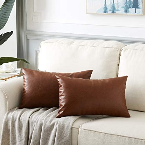 Fancy Homi Brown Boho Lumbar Faux Leather Decorative Throw Pillow Covers 12x24 - Image 7