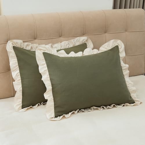 Pillow Shams Set of 2 Pure Cotton Champray Ruffled Edge, Thick and Solid Washed by GLORYSEASON