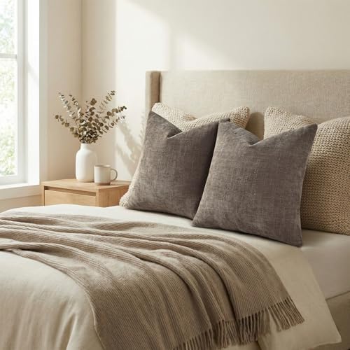 decorUhome Chenille Throw Pillow Covers 18x18 Set of 2, Taupe Grey - Image 7