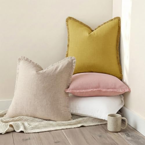 decorUhome Linen Fringe Mustard Yellow Throw Pillow Covers 20x20 Set of 2 - Image 5