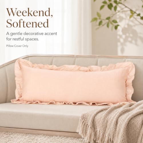 JoraLion Ruffled Lumbar Pillow Cover 14x36 Solid Blush Pink - Image 7