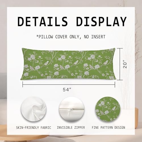 Sage Green Chinoiserie Cherry Blossom Bird 20x54 Body Pillow Cover, Vintage - Image 3