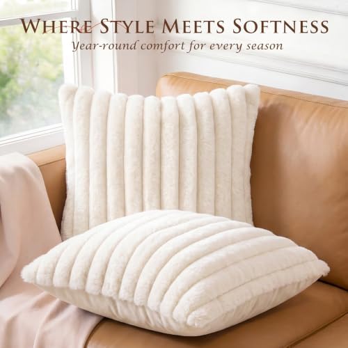 Set of 2 Decorative Throw Pillow Covers 18x18, Faux Fur Cream White - Image 5