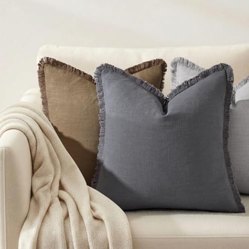 decorUhome Linen Fringe Dark Grey Throw Pillow Covers 16x16 Set of 2 - Image 4