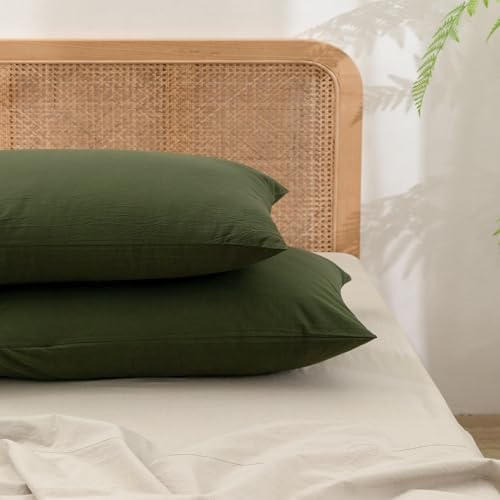 BESTOUCH Washed Cotton Pillowcases Linen Feel Olive Green 14 X 22 inch by BESTOUCH