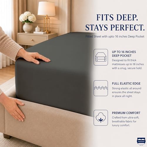 4 Piece Three Quarter Sheets Fits 16" Deep, Egyptian Cotton, Dark Grey - Image 7