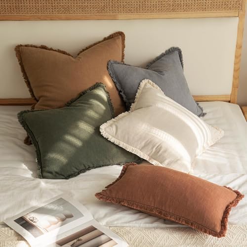 MIULEE Boho Linen Fringe Decorative Throw Pillow Covers Olive Green 16x16 - Image 5