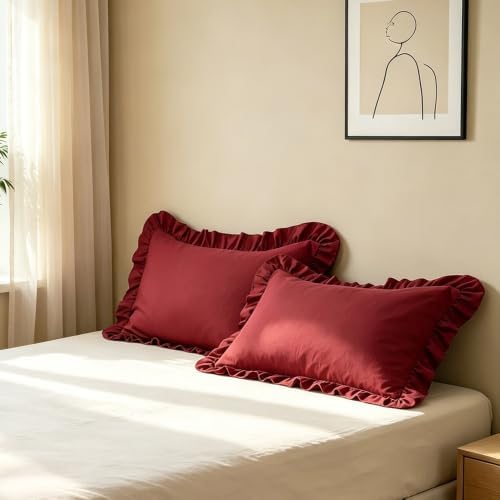 Ruffle Pillow Case Queen Size Set of 2, Wine Red - Image 4