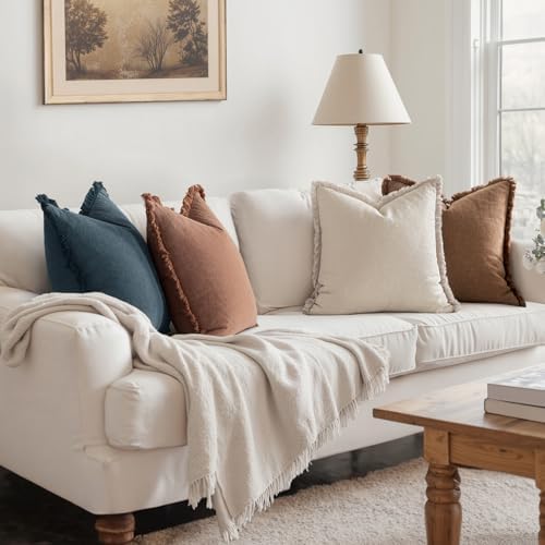 MIULEE Fall Linen Fringe Pillow Covers Set of 4 20x20 Beige/Brown/Blue - Image 3