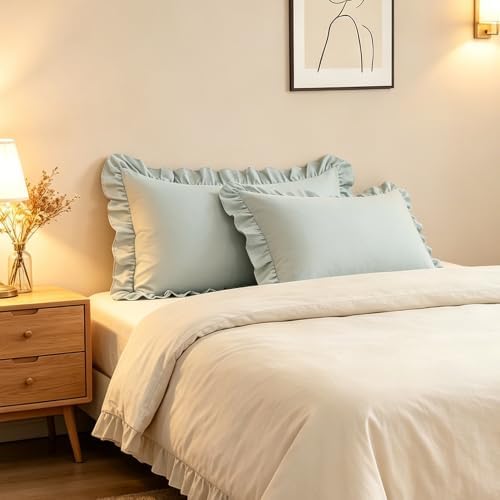 Ruffle Pillow Case Standard Size Set of 2, Light Blue - Image 3
