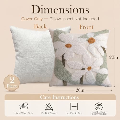 Summer Daisy Throw Pillow Covers 20x20 Inch Set of 2, Chenille Embroidered - Image 2