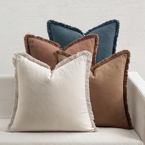 MIULEE Fall Linen Fringe Pillow Covers Set of 4 20x20 Beige/Brown/Blue by MIULEE