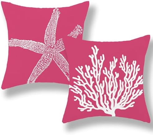 Coastal Pillow Covers 18x18 Inch Set of 2 Hot Pink Coral Starfish Throw Pillows by GOLIANDA