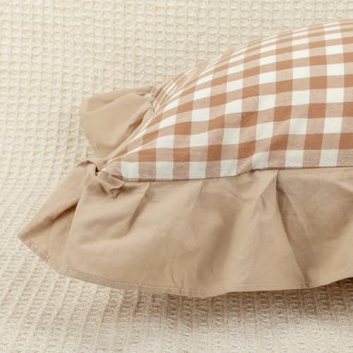 JoraLion Ruffled Throw Pillow Cover 18x18 Gingham Khaki Solid Edge - Image 4