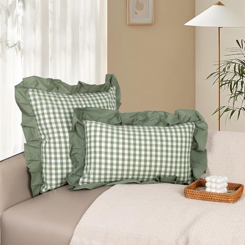JoraLion Ruffled Throw Pillow Cover 18x18 Gingham Green Solid Edge - Image 2