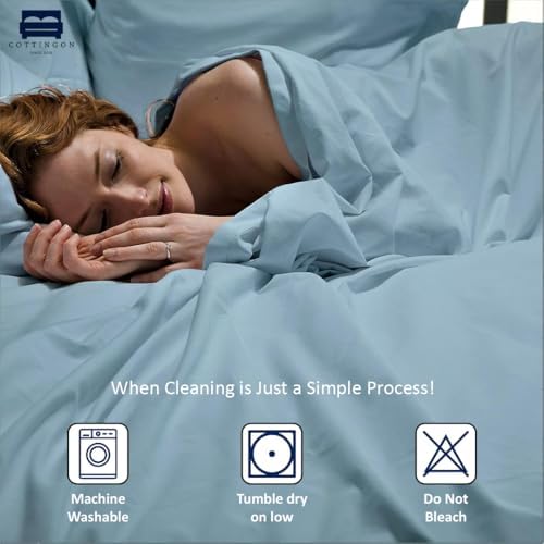 Cottingon 5 PC Split King Sheets Fits 16" Deep, Egyptian Cotton, Light Blue - Image 5