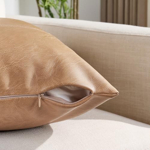 Fancy Homi Tan Long Lumbar Waterproof Faux Leather Decorative Throw Pillow - Image 3