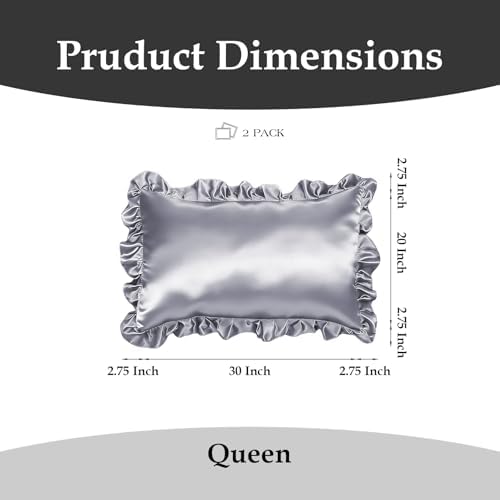 Set of 2 Ruffle Satin Queen Pillow Cases 20x30in Silver Grey - Image 2