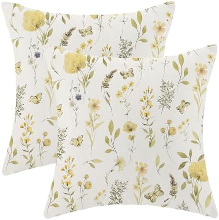 Spring Pillow Covers 20x20 Inch Set of 2, Mustard Yellow Green Wild Flower by AEIOAE
