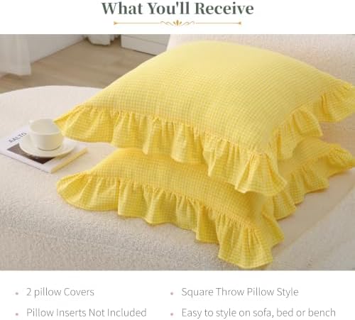 Gingham Throw Pillow Covers 20x20, Sunny Yellow, Ruffle Trim - Image 7